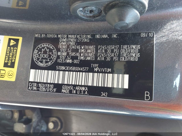 12671323 :رقم المزاد ، 5TDBK3EH5BS044577 vin ، 2011 Toyota Highlander Se مزاد بيع