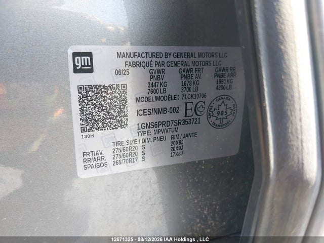 2025 Chevrolet Tahoe Z71 მანქანა იყიდება აუქციონზე, vin: 1GNS6PRD7SR353721, აუქციონის ნომერი: 12671325