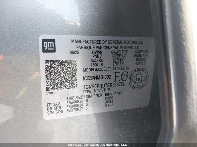 2025 Chevrolet Tahoe Z71 მანქანა იყიდება აუქციონზე, vin: 1GNS6PRD7SR353721, აუქციონის ნომერი: 12671325