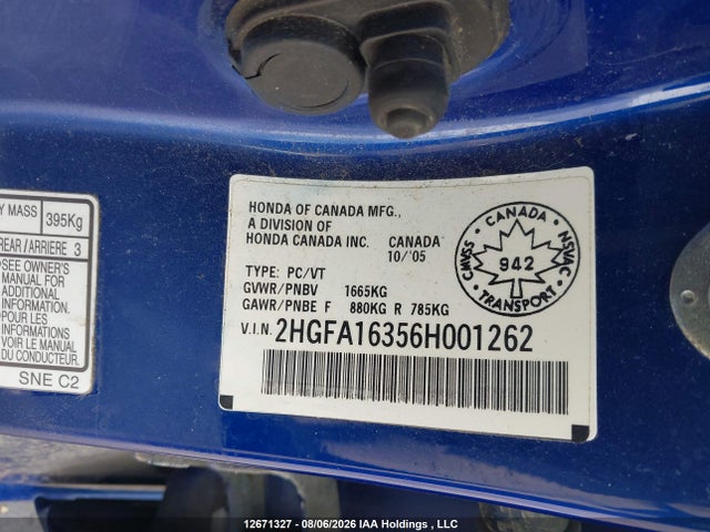 2006 Honda Civic Dx Vp მანქანა იყიდება აუქციონზე, vin: 2HGFA16356H001262, აუქციონის ნომერი: 12671327