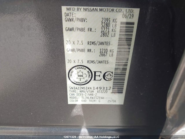 Nissan Murano 2019 5N1AZ2MS1KN149312 Image 9
