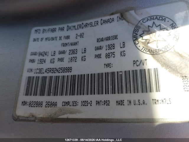 Aukcja sprzedaży 2002 Chrysler Sebring Lx, vin: 1C3EL45R92N258989, numer aukcji: 12671339