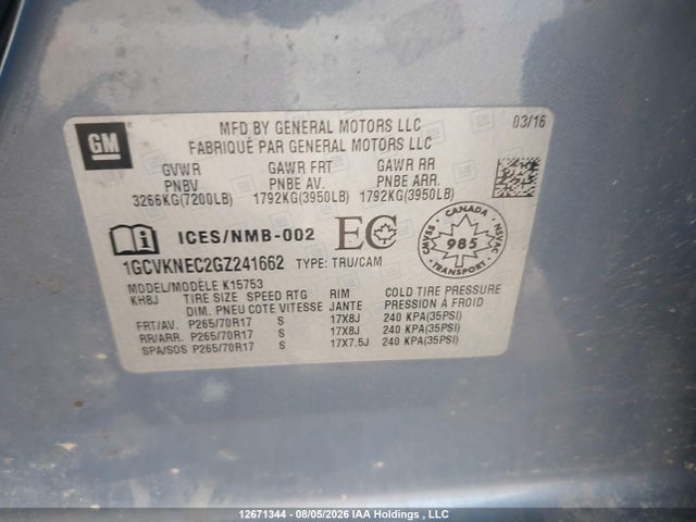 2016 Chevrolet Silverado 1500 Work Truck მანქანა იყიდება აუქციონზე, vin: 1GCVKNEC2GZ241662, აუქციონის ნომერი: 12671344