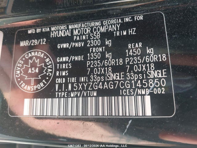 Продаж на аукціоні авто 2012 Hyundai Santa Fe Gl 3.5 Sport, vin: 5XYZG4AG7CG145850, номер лоту: 12671353