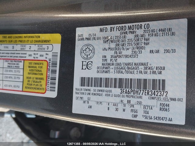 Ford FUSION SE 2014 3FA6P0H77ER342372 Image 9