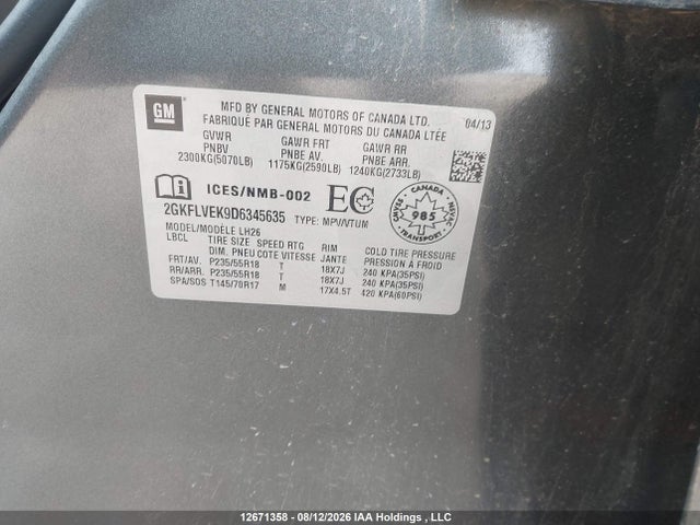 Aukcja sprzedaży 2013 Gmc Terrain Slt-1, vin: 2GKFLVEK9D6345635, numer aukcji: 12671358