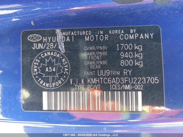 Продаж на аукціоні авто 2015 Hyundai Veloster Se, vin: KMHTC6AD3FU223705, номер лоту: 12671360
