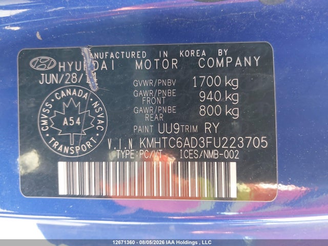 Продаж на аукціоні авто 2015 Hyundai Veloster Se, vin: KMHTC6AD3FU223705, номер лоту: 12671360