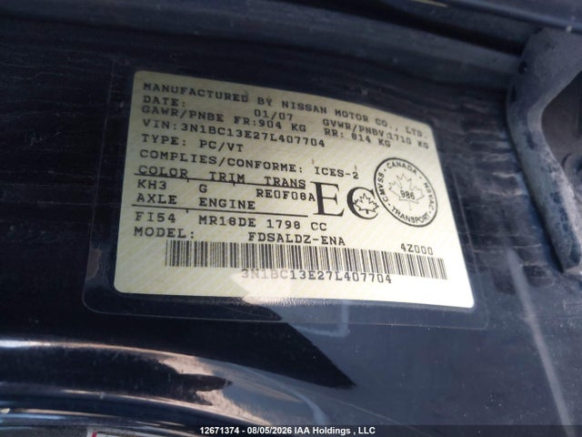 Aukcja sprzedaży 2007 Nissan Versa 1.8sl, vin: 3N1BC13E27L407704, numer aukcji: 12671374