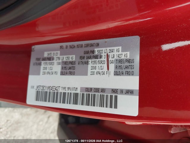 12671378 :رقم المزاد ، JM3TCBCYXM0453427 vin ، 2021 Mazda Cx-9 مزاد بيع