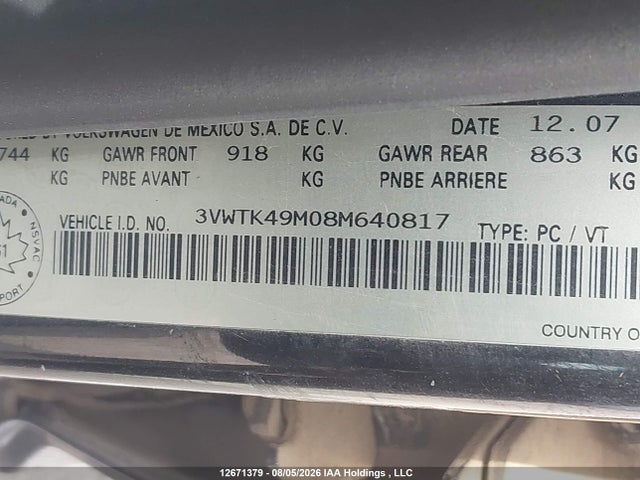 12671379 :رقم المزاد ، 3VWTK49M08M640817 vin ، 2008 Volkswagen City Jetta مزاد بيع