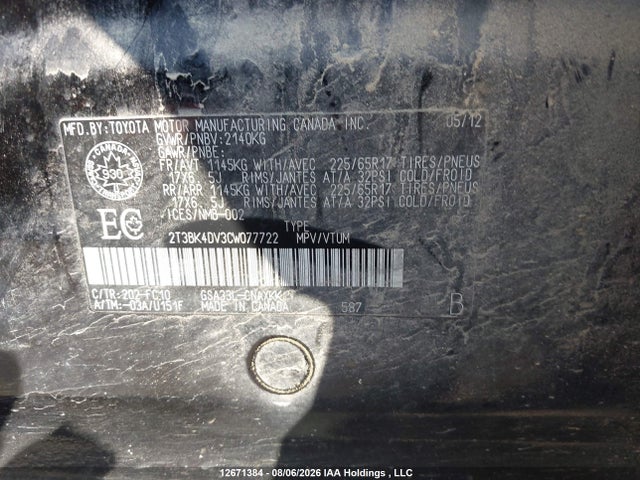 12671384 :رقم المزاد ، 2T3BK4DV3CW077722 vin ، 2012 Toyota Rav4 مزاد بيع