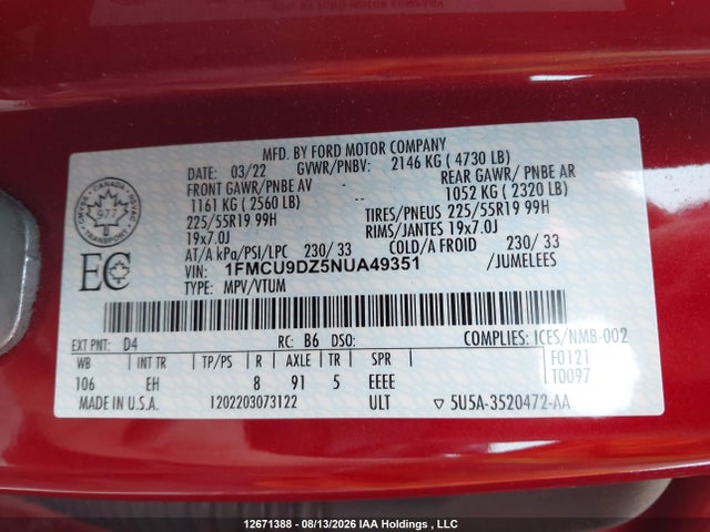 Продажа на аукционе авто 2022 Ford Escape Titanium Hybrid, vin: 1FMCU9DZ5NUA49351, номер лота: 12671388