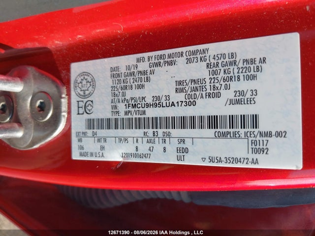 12671390 :رقم المزاد ، 1FMCU9H95LUA17300 vin ، 2020 Ford Escape Sel مزاد بيع