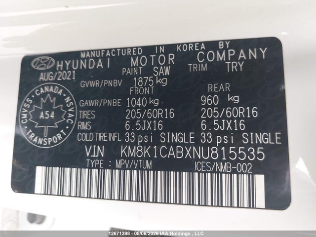 KM8K1CABXNU815535 Hyundai Kona Se