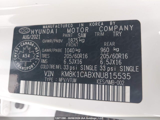 KM8K1CABXNU815535 Hyundai Kona Se