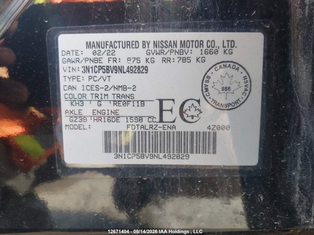 Aukcja sprzedaży 2022 Nissan Kicks, vin: 3N1CP5BV9NL492829, numer aukcji: 12671404