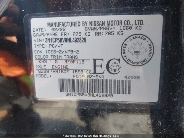 Aukcja sprzedaży 2022 Nissan Kicks, vin: 3N1CP5BV9NL492829, numer aukcji: 12671404