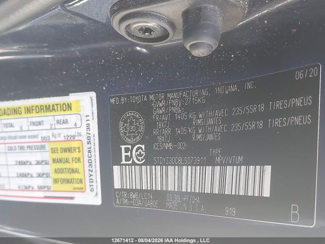 12671412 :رقم المزاد ، 5TDYZ3DC8LS073911 vin ، 2020 Toyota Sienna Xle V6 مزاد بيع