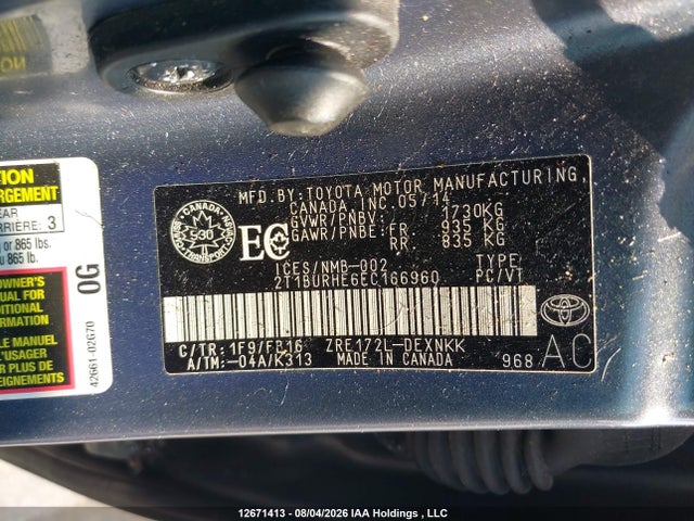 Toyota COROLLA LE 2014 2T1BURHE6EC166960 Image 9