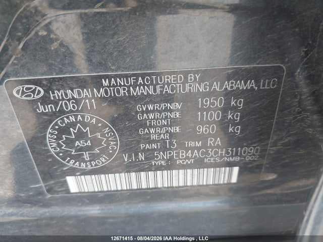 2012 Hyundai Sonata Gls მანქანა იყიდება აუქციონზე, vin: 5NPEB4AC3CH311090, აუქციონის ნომერი: 12671415