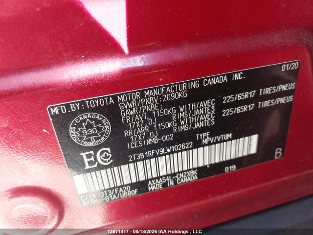 2T3B1RFV9LW102622 Toyota RAV4 LE