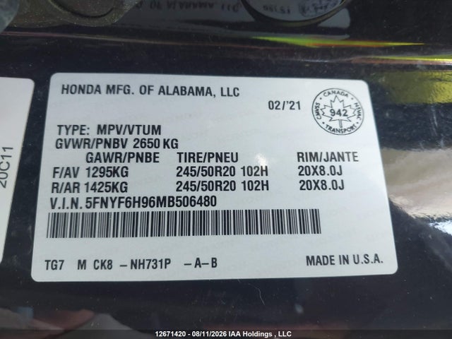 Honda Pilot Touring 2021 5FNYF6H96MB506480 Image 9