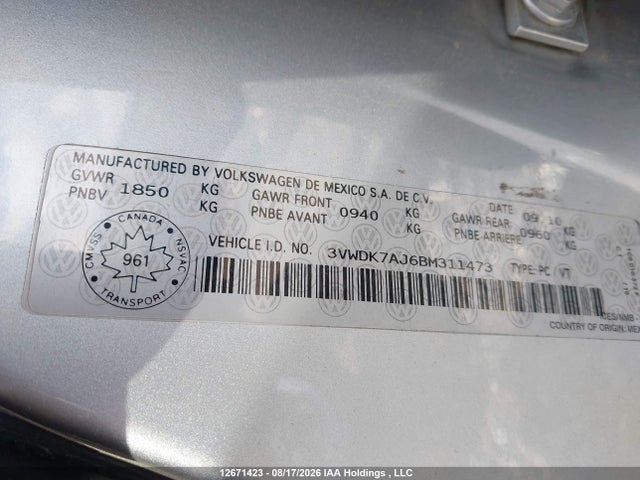 Продажа на аукционе авто 2011 Volkswagen Jetta 2.0l Comfortline, vin: 3VWDK7AJ6BM311473, номер лота: 12671423