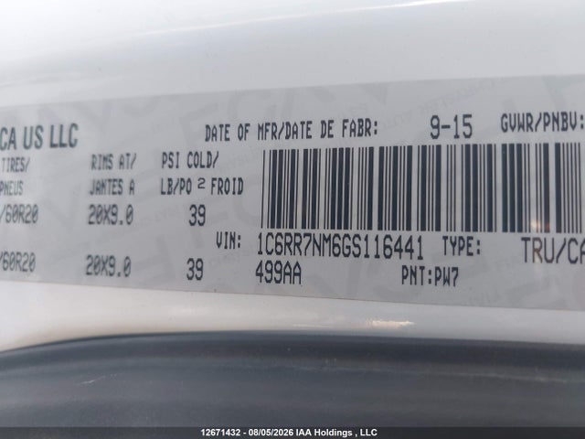 12671432 :رقم المزاد ، 1C6RR7NM6GS116441 vin ، 2016 Ram 1500 Laramie مزاد بيع