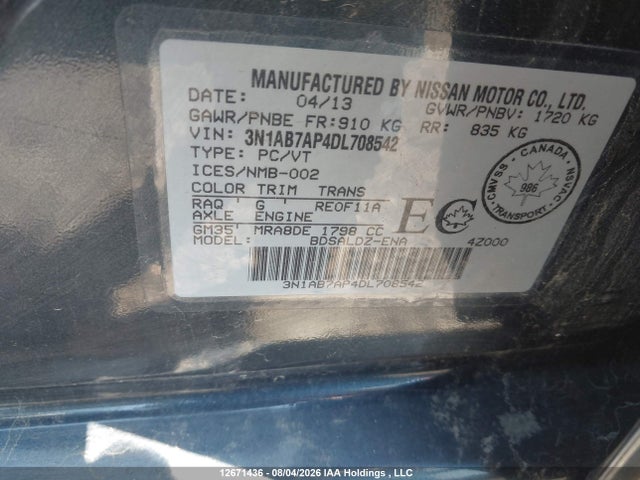 Aukcja sprzedaży 2013 Nissan Sentra 1.8 S/1.8 Sv, vin: 3N1AB7AP4DL708542, numer aukcji: 12671436