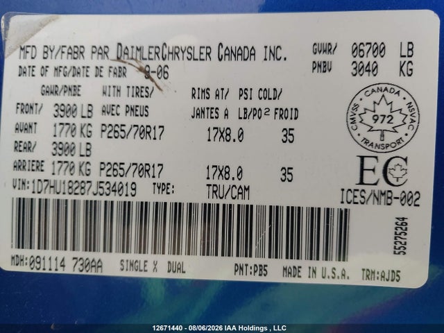 Aukcja sprzedaży 2007 Dodge Ram 1500 St/slt, vin: 1D7HU18287J534019, numer aukcji: 12671440