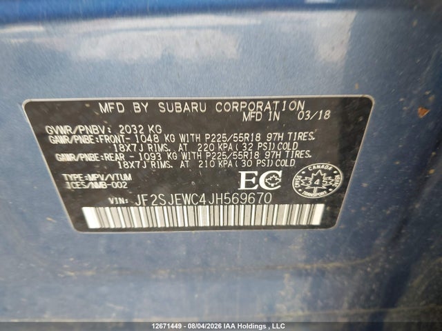 Auction sale of the 2018 Subaru Forester 2.5i Limited, vin: JF2SJEWC4JH569670, lot number: 12671449