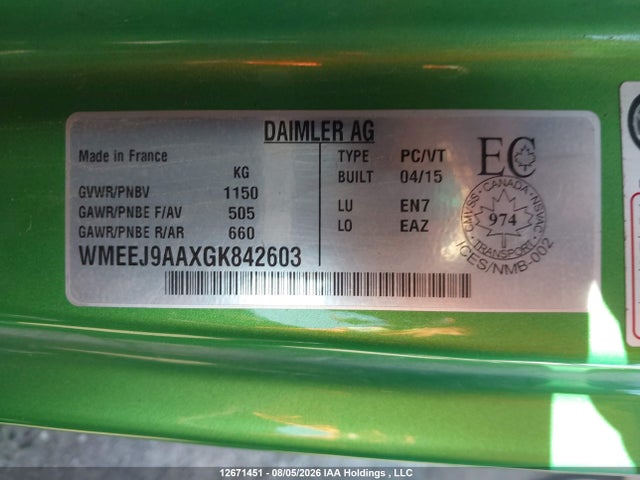 Продаж на аукціоні авто 2016 Smart Fortwo, vin: WMEEJ9AAXGK842603, номер лоту: 12671451