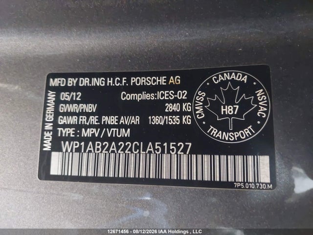 Продажа на аукционе авто 2012 Porsche Cayenne S, vin: WP1AB2A22CLA51527, номер лота: 12671456