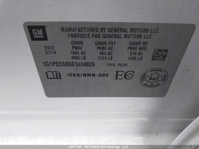 12671460 :رقم المزاد ، 1G1PC5SB9E7434829 vin ، 2014 Chevrolet Cruze 1lt مزاد بيع