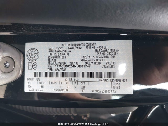 12671470 :رقم المزاد ، 1FMCU9CZ4NUB01747 vin ، 2022 Ford Escape Sel Hybrid مزاد بيع