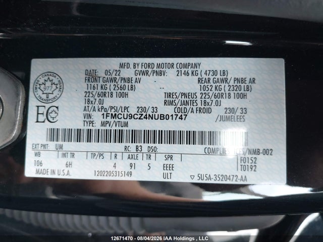 12671470 :رقم المزاد ، 1FMCU9CZ4NUB01747 vin ، 2022 Ford Escape Sel Hybrid مزاد بيع