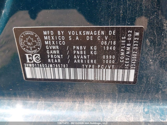 3VWD17AU3JM765787 Volkswagen Golf Sportwagen S/se