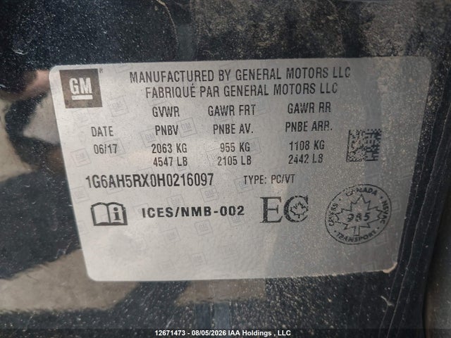 12671473 :رقم المزاد ، 1G6AH5RX0H0216097 vin ، 2017 Cadillac Ats Turbo Luxury مزاد بيع