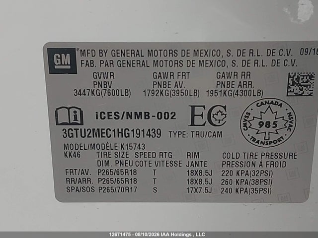 2017 Gmc Sierra 1500 Sle მანქანა იყიდება აუქციონზე, vin: 3GTU2MEC1HG191439, აუქციონის ნომერი: 12671475