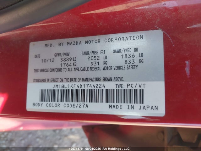 12671479 :رقم المزاد ، JM1BL1KF4D1744224 vin ، 2013 Mazda 3 I مزاد بيع