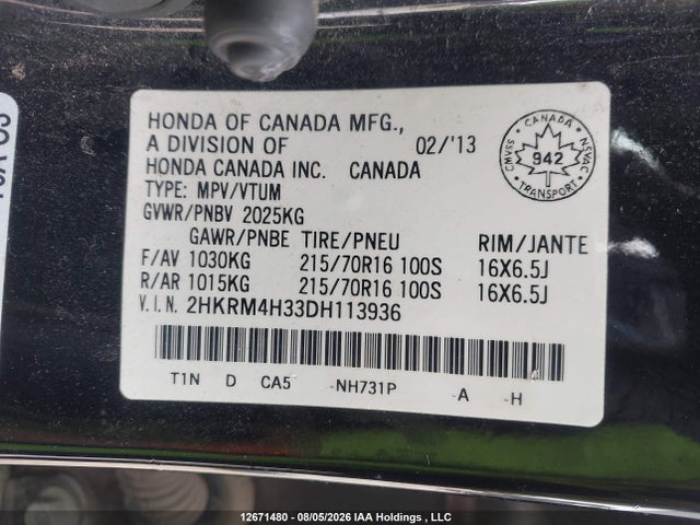 Aukcja sprzedaży 2013 Honda Cr-v Lx, vin: 2HKRM4H33DH113936, numer aukcji: 12671480