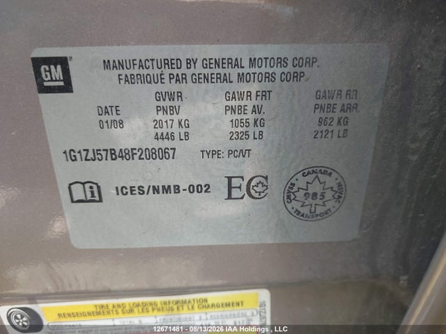 Продаж на аукціоні авто 2008 Chevrolet Malibu Lt, vin: 1G1ZJ57B48F208067, номер лоту: 12671481