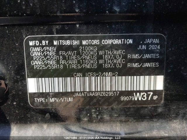 12671494 :رقم المزاد ، JA4ATVAA9RZ629517 vin ، 2024 Mitsubishi Eclipse Cross Le/ralliart مزاد بيع