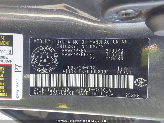 12671504 :رقم المزاد ، 4T1BK1FK9CU008091 vin ، 2012 Toyota Camry Se/xle مزاد بيع