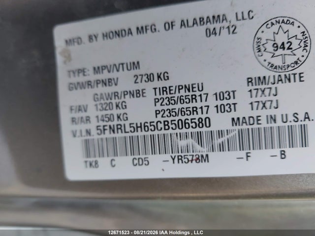Aukcja sprzedaży 2012 Honda Odyssey, vin: 5FNRL5H65CB506580, numer aukcji: 12671523