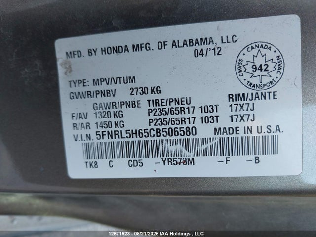 Aukcja sprzedaży 2012 Honda Odyssey, vin: 5FNRL5H65CB506580, numer aukcji: 12671523