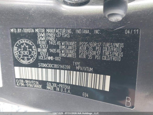 2011 Toyota Sienna Le 8 Passenger მანქანა იყიდება აუქციონზე, vin: 5TDKK3DC3BS146398, აუქციონის ნომერი: 12671529