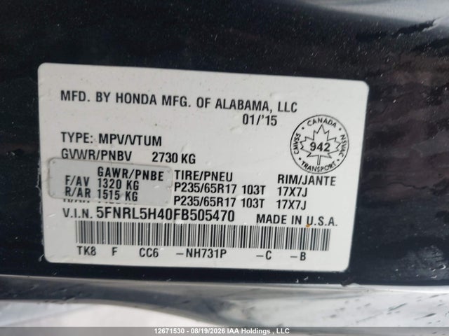 Honda ODYSSEY EX 2015 5FNRL5H40FB505470 Image 9