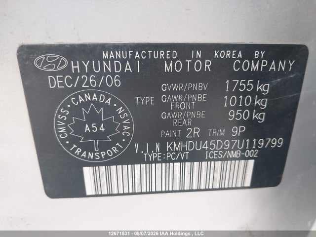 2007 Hyundai Elantra Gl/gls მანქანა იყიდება აუქციონზე, vin: KMHDU45D97U119799, აუქციონის ნომერი: 12671531
